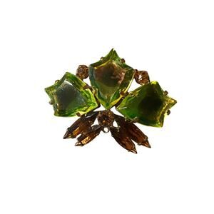 Vintage Rhinestone Brooch Green and Brown set in Gold Tone